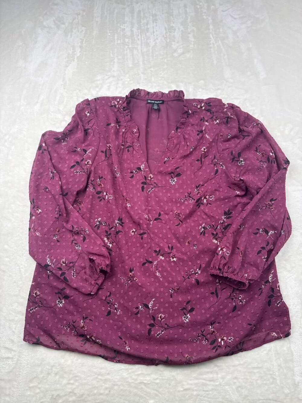 Hilary Radley Womens Plum Floral-Print Long-Sleeve Blouse Ruffle Neckline Size L